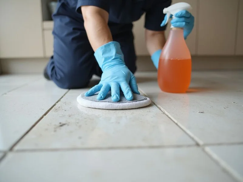 Super Shine crew removing cement splatter from tile floor after renovation