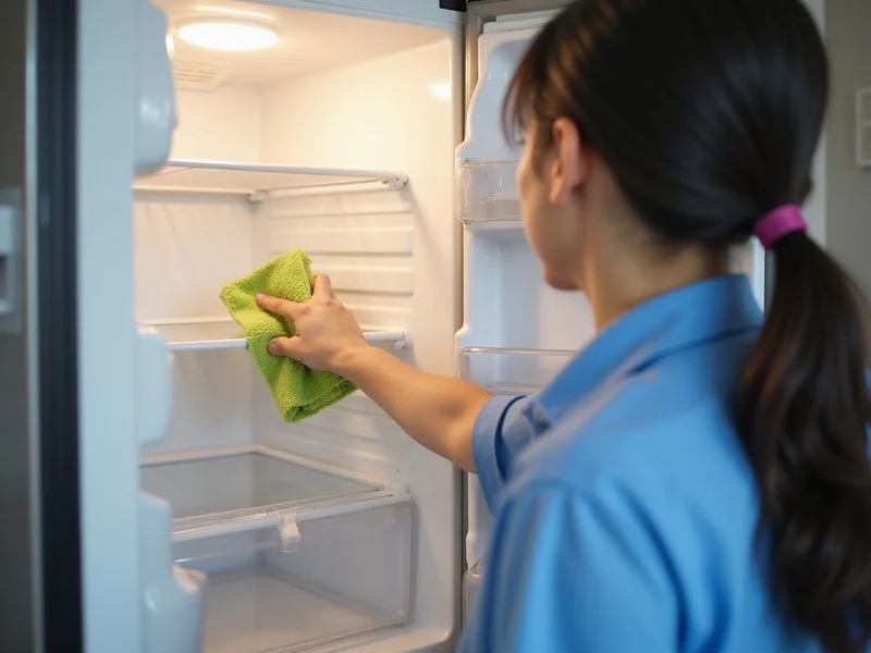 Cleaner wiping inside fridge during Ampang condo move-out clean