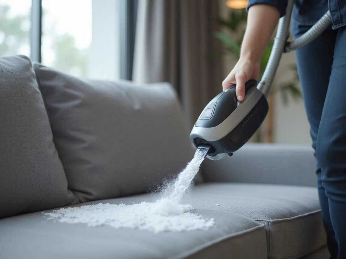 Super Shine technician performing hot-water extraction on fabric sofa in Ampang home